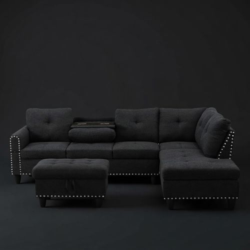Trygoal L-Shaped Sectional, Black-Grey Linen