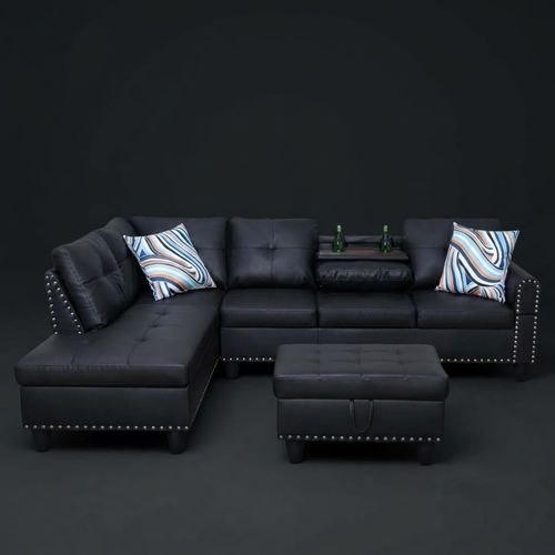 Trygoal L-Shaped Leather Sectional, Midnight Black