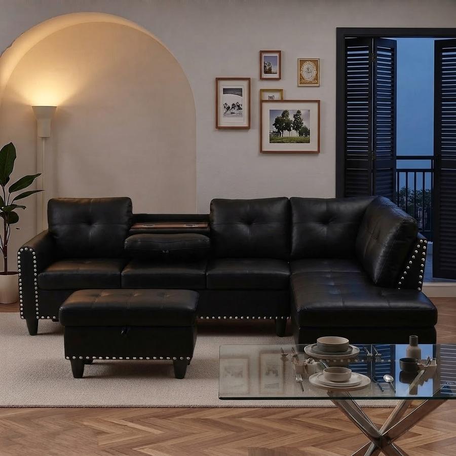 Trygoal L-Shaped Sectional, Black-Grey Linen