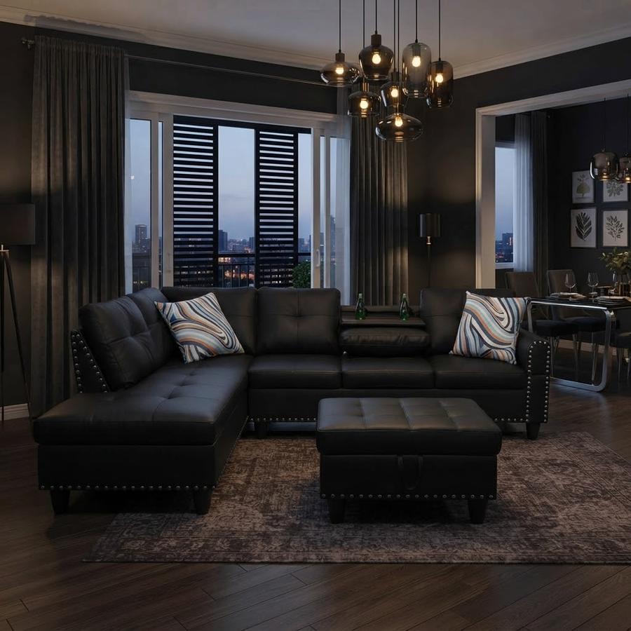 Trygoal L-Shaped Leather Sectional, Midnight Black